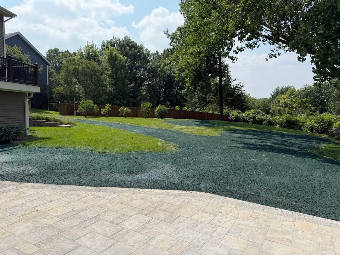 Lush green backyard with landscaped garden and patio, featuring trees and a serene atmosphere.